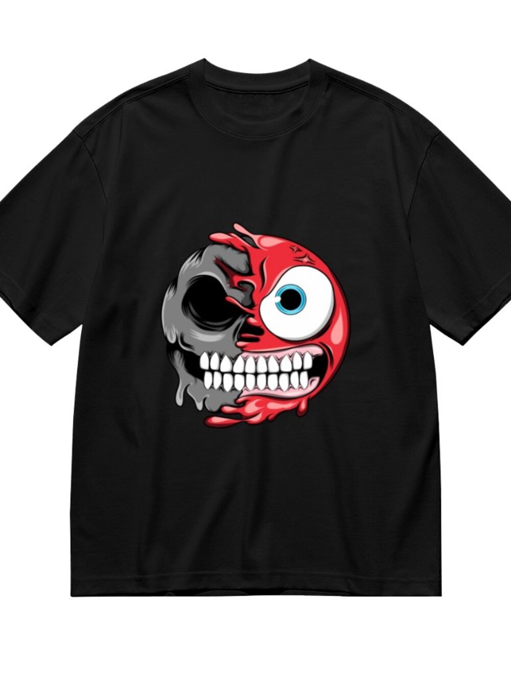 Black Short Sleeve Graphic Tee with Red & Gray Skull Emblem - Picture 3 of 5